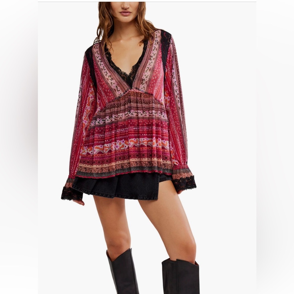 Free People NWT Natalie Boho Print Lace Long Sleeve Vneck Slip/Tunic Top XS - Picture 1 of 15